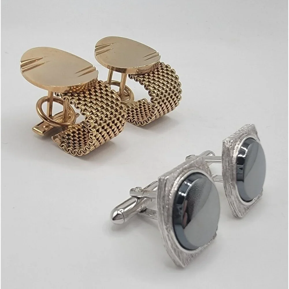 Vintage‎ Cuff Links Cufflinks Two Pair Black / Silver and Gold Tone Classic Look